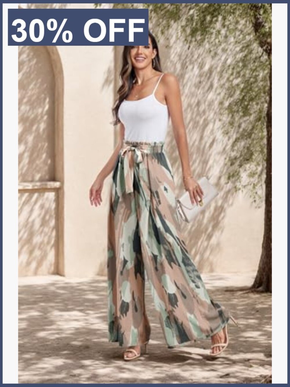 High Waisted Wide Leg Palazzo Pants with Pockets Flowy Tie Knot Trousers - Picture 2 of 7